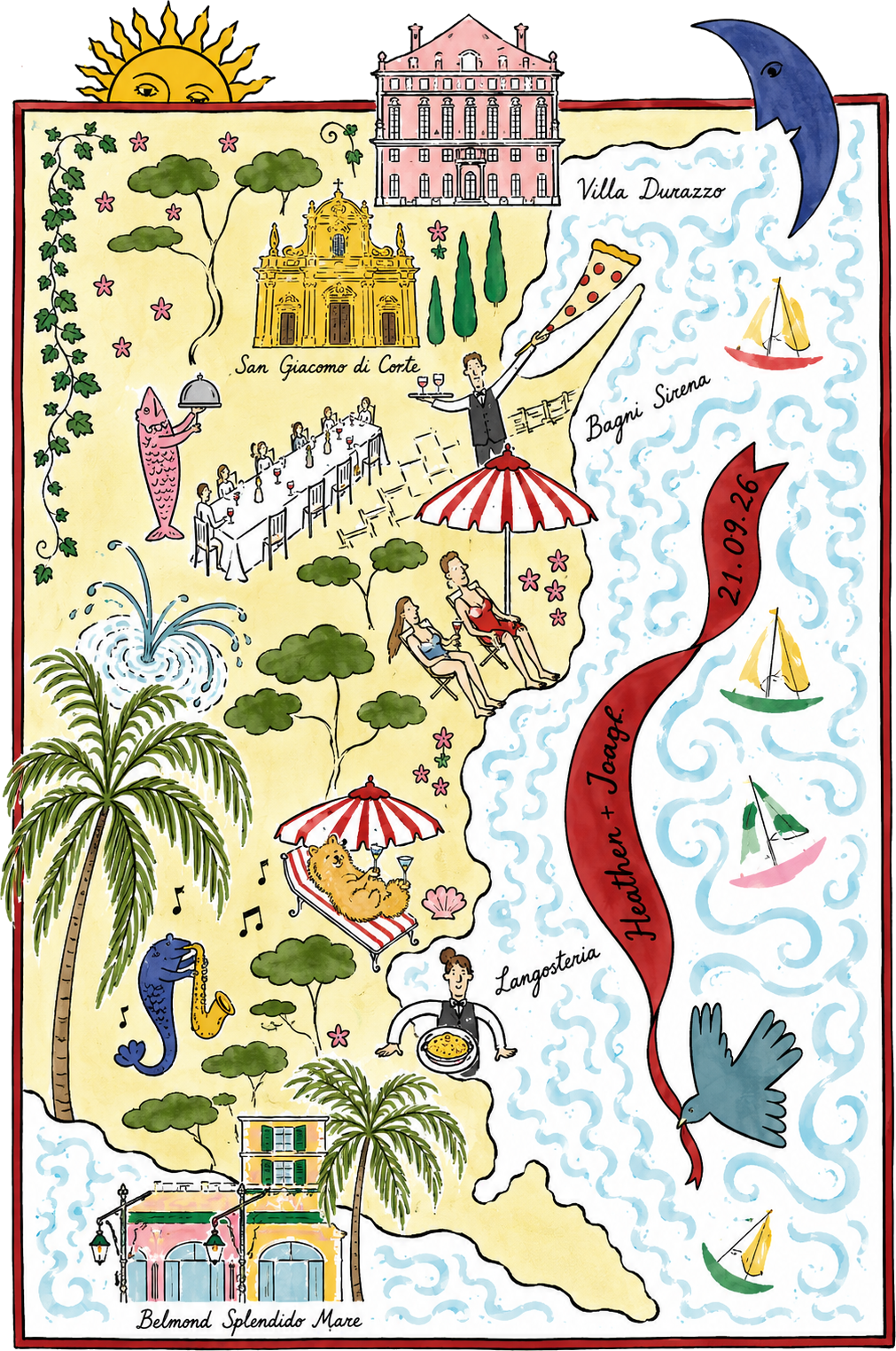 Hand-painted illustrated map of the Italian Riviera showing the wedding weekend locations from Villa Durazzo to Belmond Splendido Mare