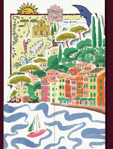 Hand-painted watercolour of the Portofino harbour from the invitation suite